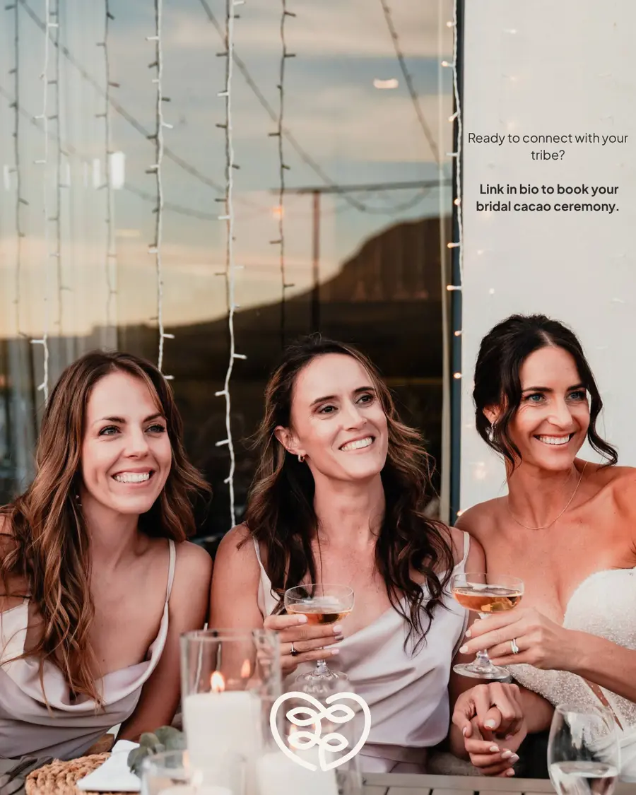 A bride and bridesmaids at a candlelit table: “Ready to connect with your tribe?”